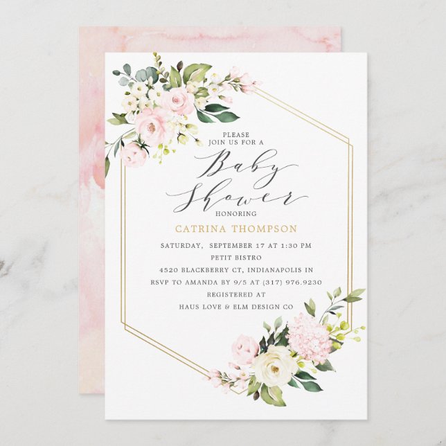 Gold Geometric Blush Floral Baby Shower Invitation (Front/Back)
