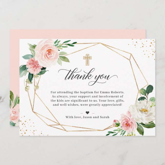 Gold Geometric Blush Floral Baptism Christening Thank You Card (Front/Back)