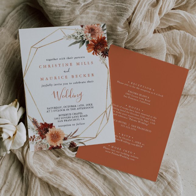 Gold Geometric Boho Floral Front & Back Wedding Invitation (Creator Uploaded)