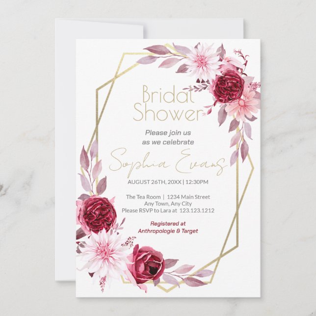 Gold Geometric Border Pink Floral Bridal Shower Invitation (Front)