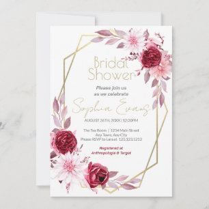 Gold Geometric Border Pink Floral Bridal Shower Invitation
