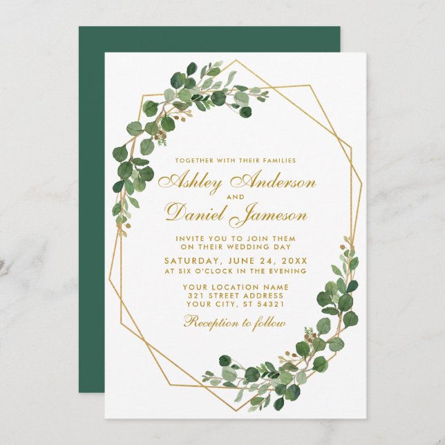 Gold Geometric Botanical Green Eucalyptus Wedding Invitation (Front/Back)