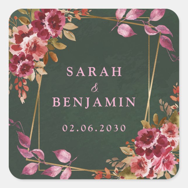 Gold Geometric Burgundy and Green Floral Wedding  Square Sticker (Front)