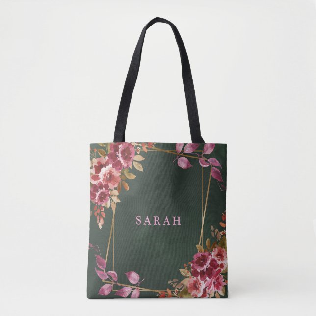 Gold Geometric Burgundy and Green Floral Wedding  Tote Bag (Front)