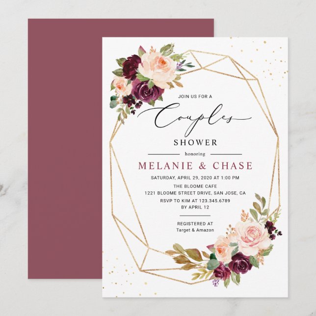 Gold Geometric Burgundy Blush Couples Shower Invitation (Front/Back)