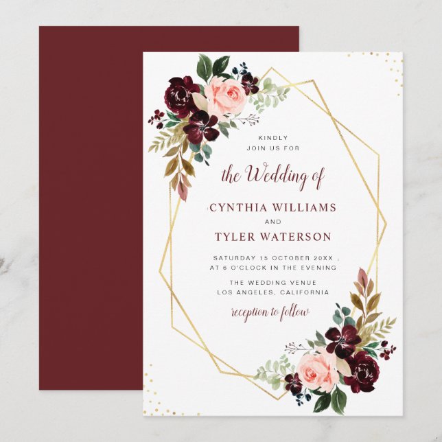 gold geometric burgundy & blush floral wedding invitation (Front/Back)