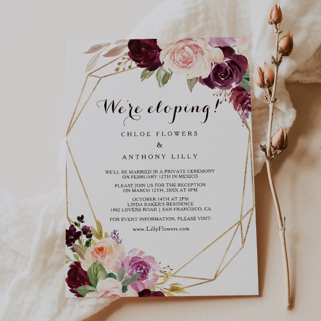 Gold Geometric Burgundy Floral Elopement Reception Invitation (Creator Uploaded)