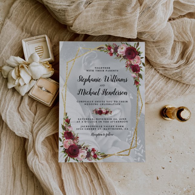Gold Geometric Burgundy Floral Photo Wedding Invitation (Creator Uploaded)
