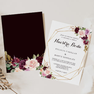 Gold Geometric Burgundy Floral Spanish Wedding Invitation