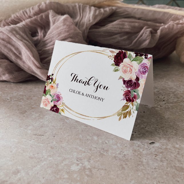 Gold Geometric Burgundy Floral Thank You Card (Creator Uploaded)