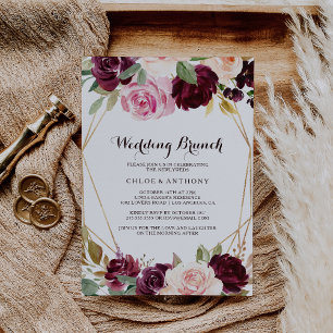 Gold Geometric Burgundy Floral Wedding Brunch Invitation