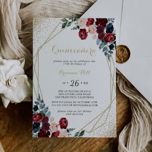 Gold Geometric Burgundy Navy Floral Quinceañera Invitation