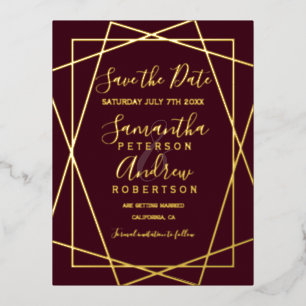 gold geometric burgundy script save the date foil invitation postcard