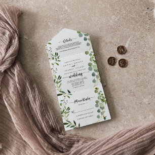 Gold Geometric Calligraphy Eucalyptus Wedding  All In One Invitation