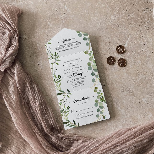 Gold Geometric Calligraphy Eucalyptus Wedding  All In One Invitation (Creator Uploaded)