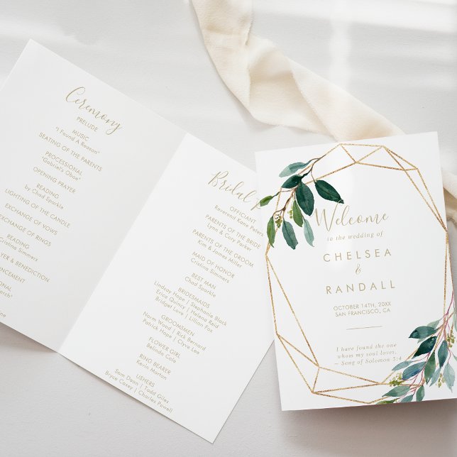 Gold Geometric Chic Eucalyptus Folded Wedding  Program (Creator Uploaded)