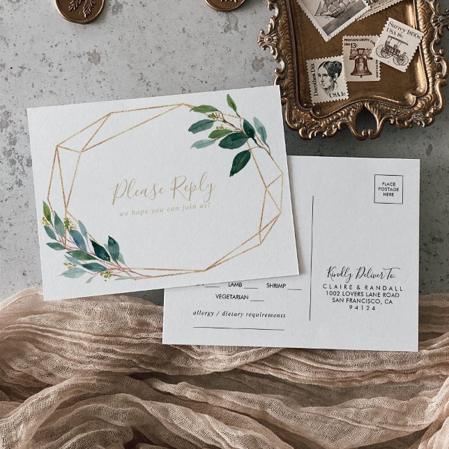 Gold Geometric Chic Eucalyptus Menu Choice RSVP  Postcard (Creator Uploaded)