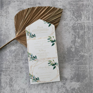 Gold Geometric Chic Eucalyptus Wedding    All In One Invitation