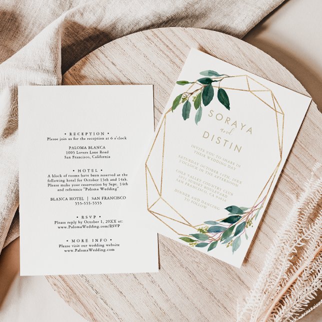 Gold Geometric Chic Foliage Back & Front Wedding   Invitation (Creator Uploaded)