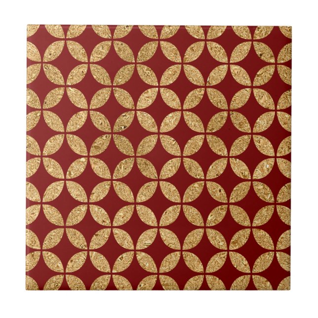 Gold Geometric Circle Pattern on Red Ceramic Tile (Front)