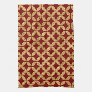 Gold Geometric Circle Pattern on Red Tea Towel