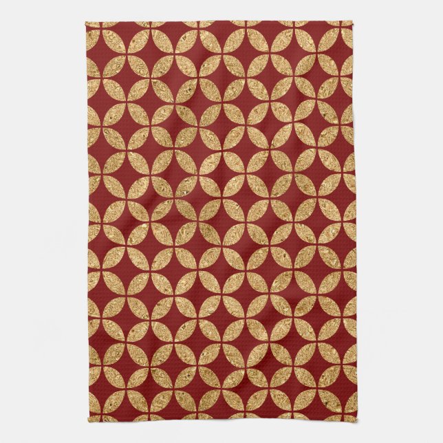 Gold Geometric Circle Pattern on Red Tea Towel (Vertical)
