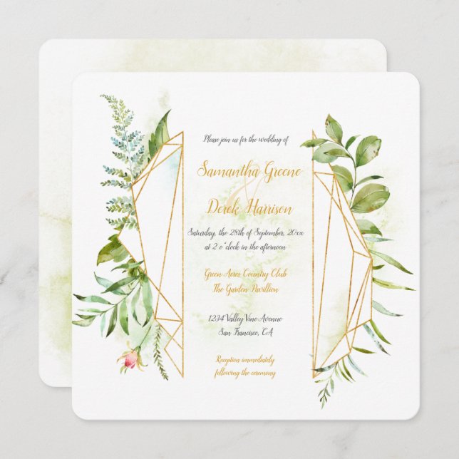 Gold Geometric Crystal Botanicals Square Invitation (Front/Back)