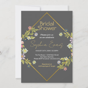 Gold Geometric Dark Grey Floral Bridal Shower Invitation