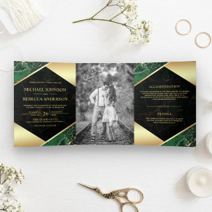 Gold Geometric Emerald Green Marble Photo Wedding Tri-Fold Invitation