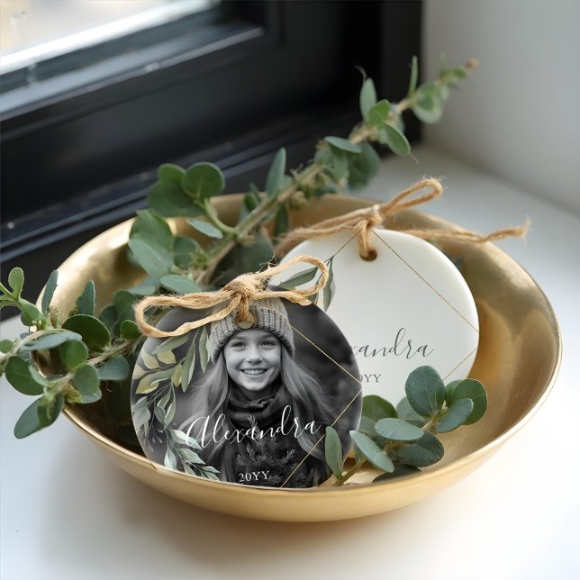 Gold Geometric Eucalyptus Black & White Photo Ceramic Ornament (Gold Geometric Eucalyptus Black & White Photo Ceramic Ornament)
