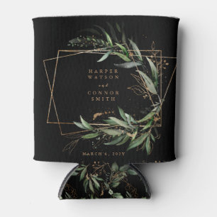 Gold Geometric Eucalyptus Elegant Black Wedding Can Cooler