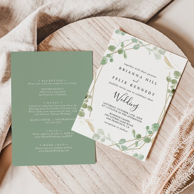 Gold Geometric Eucalyptus  Front & Back Wedding Invitation (Creator Uploaded)