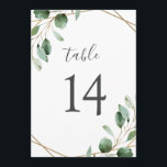 Gold Geometric Eucalyptus Greenery Table Numbers<br><div class="desc">Designed to coordinate with our Moody Greenery wedding collection, this customisable Table Numbers Card features watercolor sage green eucalyptus leaves accented with a gold geometric frame and paired with a stylish script and classy serif font in grey. To make advanced changes, go to "Click to customise further" option under Personalise...</div>