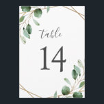 Gold Geometric Eucalyptus Greenery Table Numbers<br><div class="desc">Designed to coordinate with our Moody Greenery wedding collection, this customisable Table Numbers Card features watercolor sage green eucalyptus leaves accented with a gold geometric frame and paired with a stylish script and classy serif font in grey. To make advanced changes, go to "Click to customise further" option under Personalise...</div>