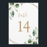 Gold Geometric Eucalyptus Greenery Table Numbers<br><div class="desc">Designed to coordinate with our Moody Greenery wedding collection, this customisable Table Numbers Card features watercolor sage green eucalyptus leaves accented with a gold geometric frame and paired with a stylish script and classy serif font in gold. To make advanced changes, go to "Click to customise further" option under Personalise...</div>