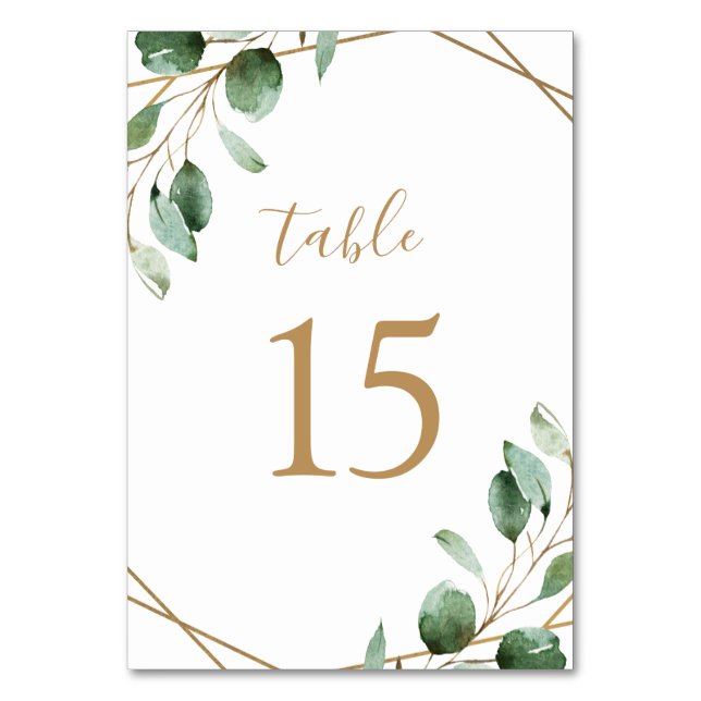 Gold Geometric Eucalyptus Greenery Wedding Table Number (Front)
