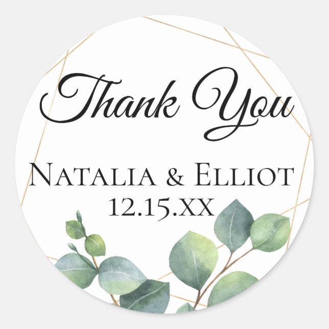 Gold Geometric Eucalyptus Personalised Favour Classic Round Sticker (Front)