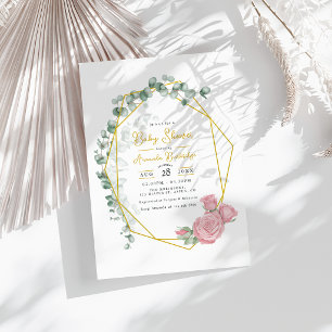 Gold Geometric Eucalyptus & Pink Roses Baby Shower Invitation