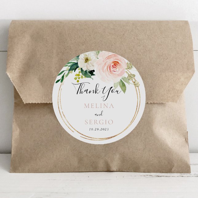 Gold Geometric Fall Flowers Wedding Thank You  Classic Round Sticker (Creator Uploaded)