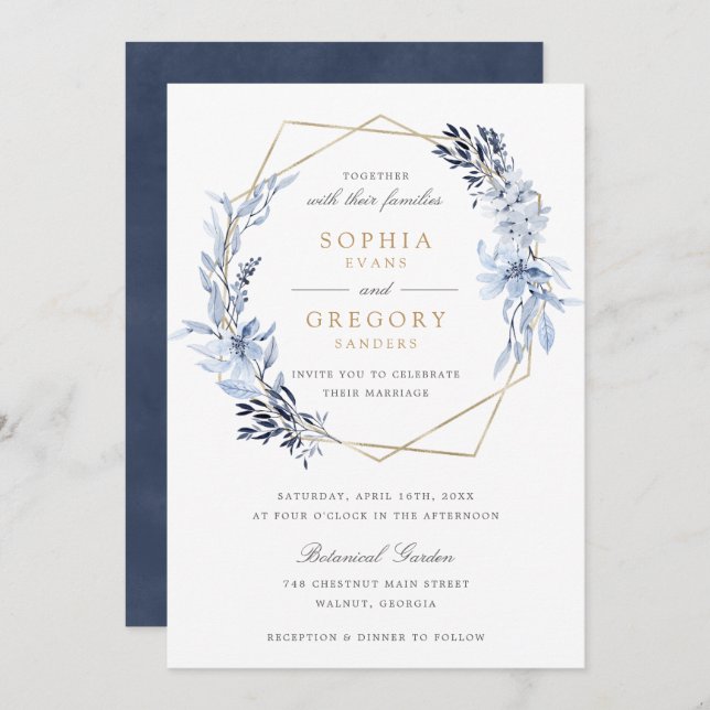 Gold Geometric Floral Blue Leaves Frame Wedding Invitation (Front/Back)