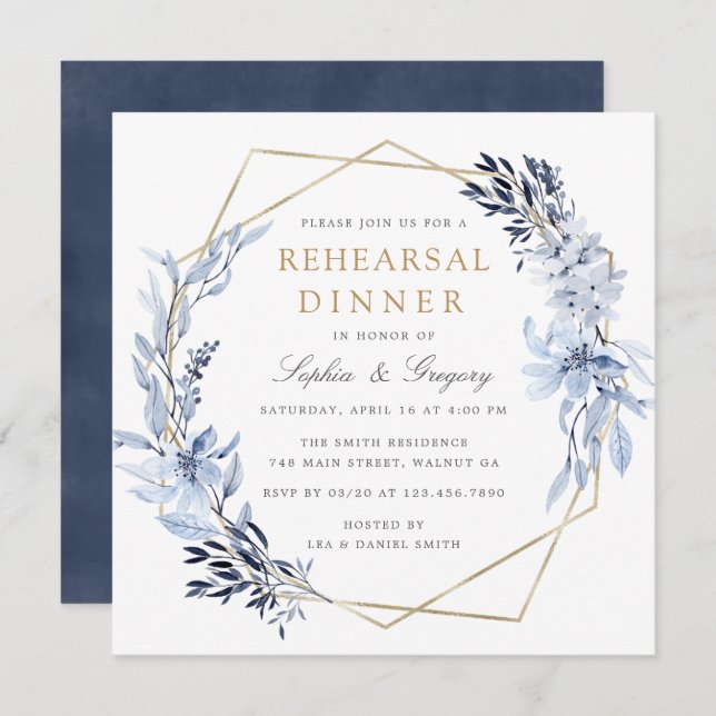 Gold Geometric Floral Blue Leaves Rehearsal Dinner Invitation (Front/Back)