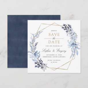 Gold Geometric Floral Blue Leaves Save the Date Invitation