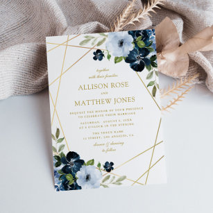 gold geometric floral navy blue wedding invitation