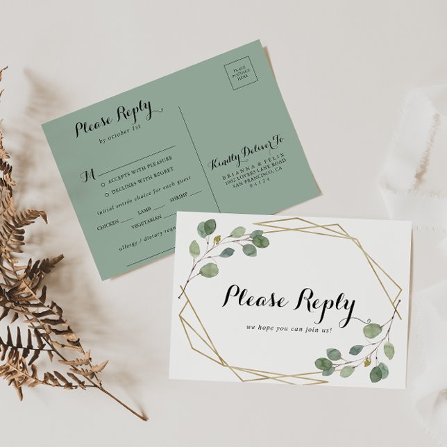 Gold Geometric Foliage Menu Choice RSVP Postcard (Creator Uploaded)