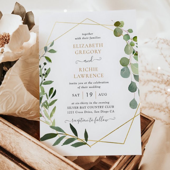 Gold Geometric Frame Eucalyptus Greenery Wedding Invitation (Creator Uploaded)