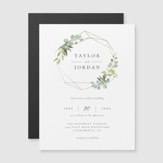 Gold Geometric Frame Eucalyptus Greenery Wedding Magnetic Invitation (Front/Back)