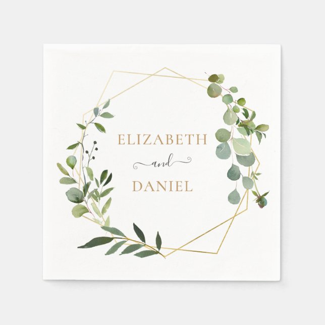 Gold Geometric Frame Greenery Leaves Personalised Napkin (Front)