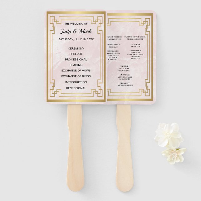 Gold Geometric Frame Pink Marble Wedding Program Hand Fan (Front and Back)