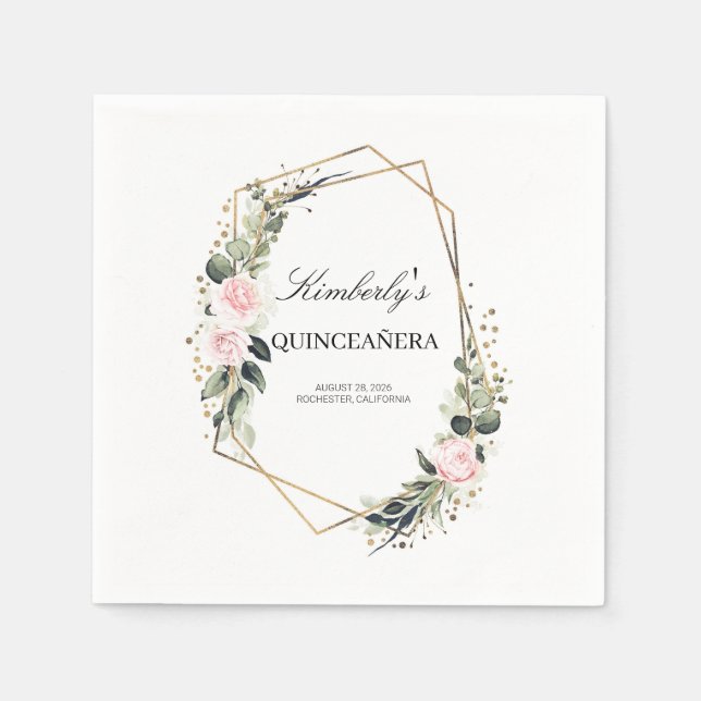 Gold Geometric Frame Quinceanera Birthday Napkin (Front)