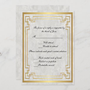 Gold Geometric Frame White Marble Wedding RSVP Invitation